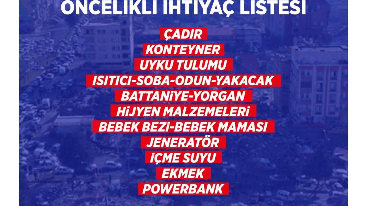 AFET BÖLGESİ ÖNCELİKLİ İHTİYAÇ LİSTESİ