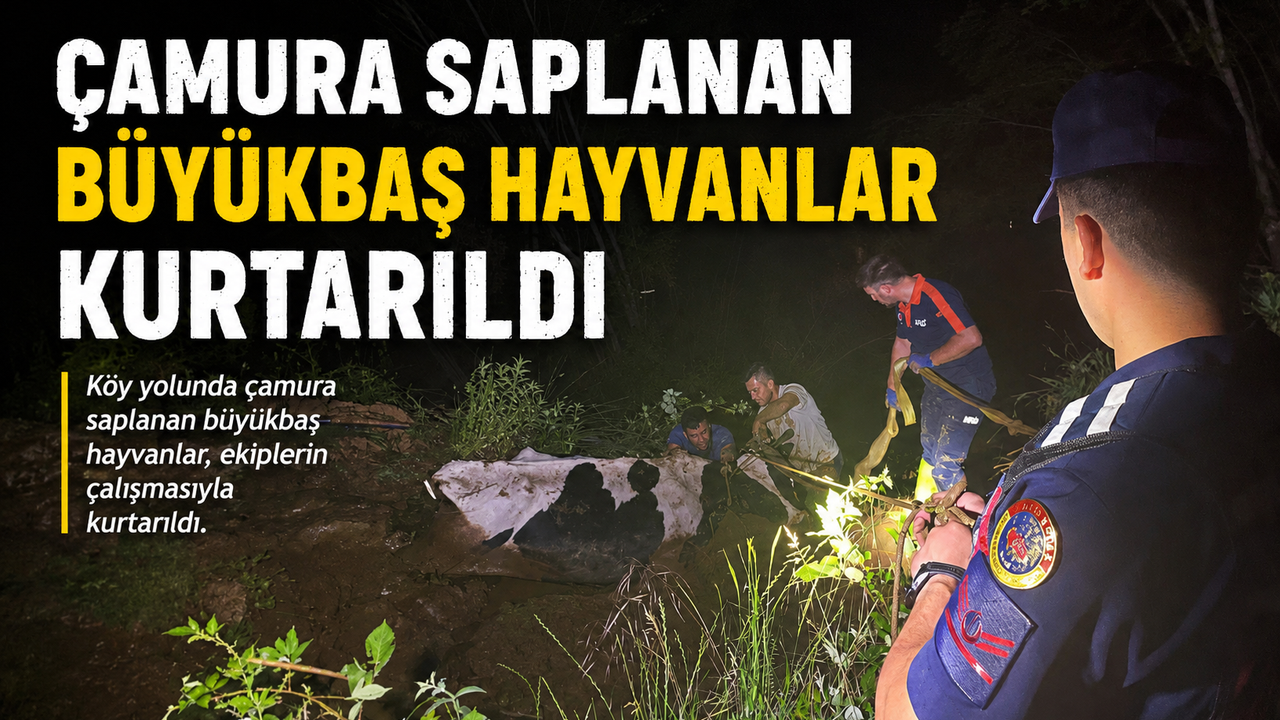 ÇAMURA SAPLANAN BÜYÜKBAŞ HAYVANLAR KURTARILDI