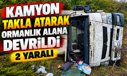 KAMYON TAKLA ATARAK ORMANLIK ALANA DEVRİLDİ: 2 YARALI