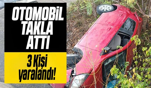 TAKLA ATAN OTOMOBİL YAN YATTI: 3 YARALI