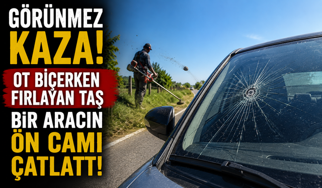 OT BİÇERKEN FIRLAYAN TAŞ BİR ARACIN ÖN CAMI ÇATLATTI