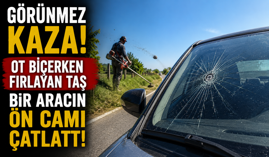 OT BİÇERKEN FIRLAYAN TAŞ BİR ARACIN ÖN CAMI ÇATLATTI