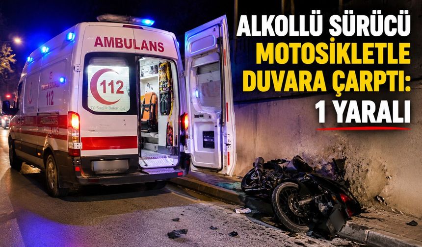 ALKOLLÜ SÜRÜCÜ MOTOSİKLETLE DUVARA ÇARPTI: 1 YARALI