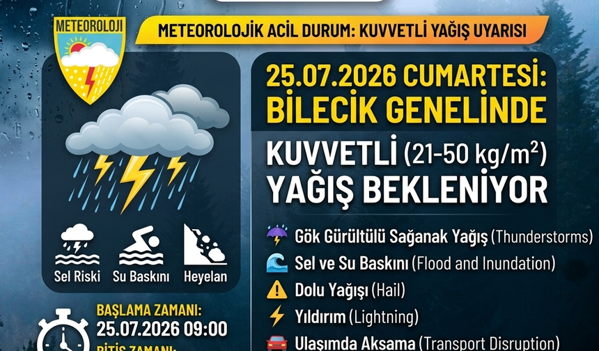 BİLECİK DİKKAT! VALİLİK SAAT VEREREK UYARDI: SAĞANAK VE FIRTINA GELİYOR