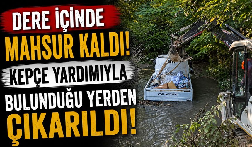 PATLAYAN BORU KAMYONETİ DERE İÇİNDE MAHSUR BIRAKTI