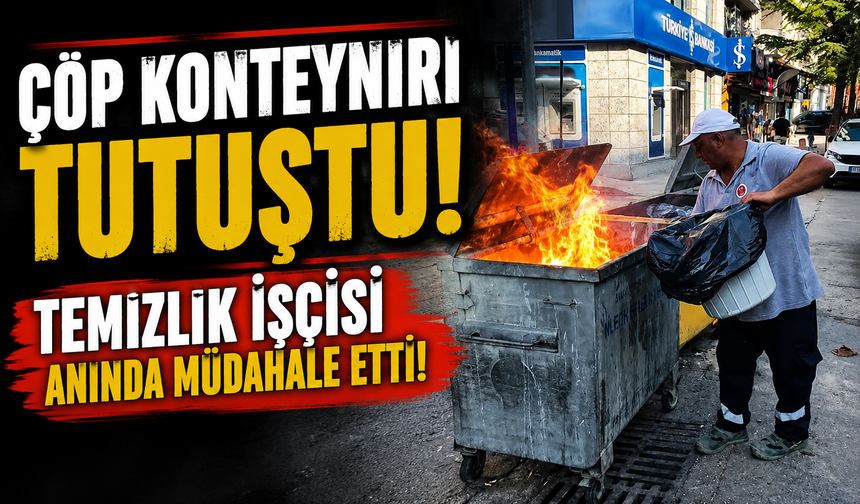 ÇÖP KONTEYNIRI TUTUŞTU, TEMİZLİK İŞÇİSİ ANINDA MÜDAHALE ETTİ