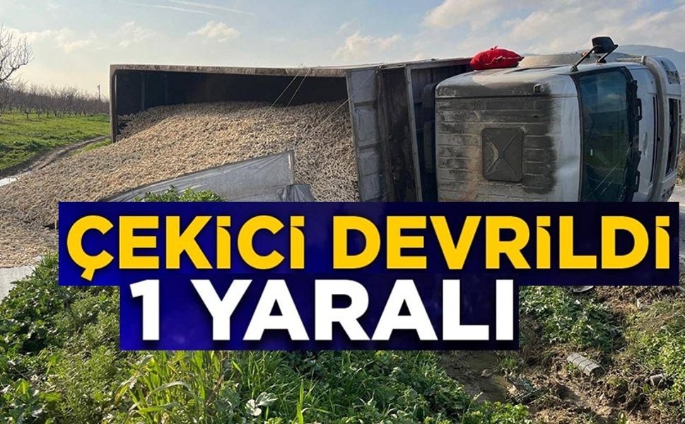 MISIR KOÇANI YÜKLÜ ÇEKİCİ DEVRİLDİ: 1 YARALI